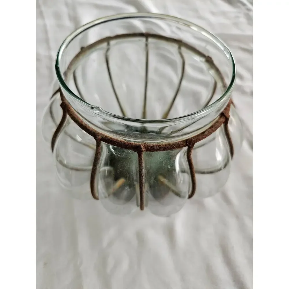 Vintage Art Deco Glass Vase Incased Metal Cage Frame Handblown
